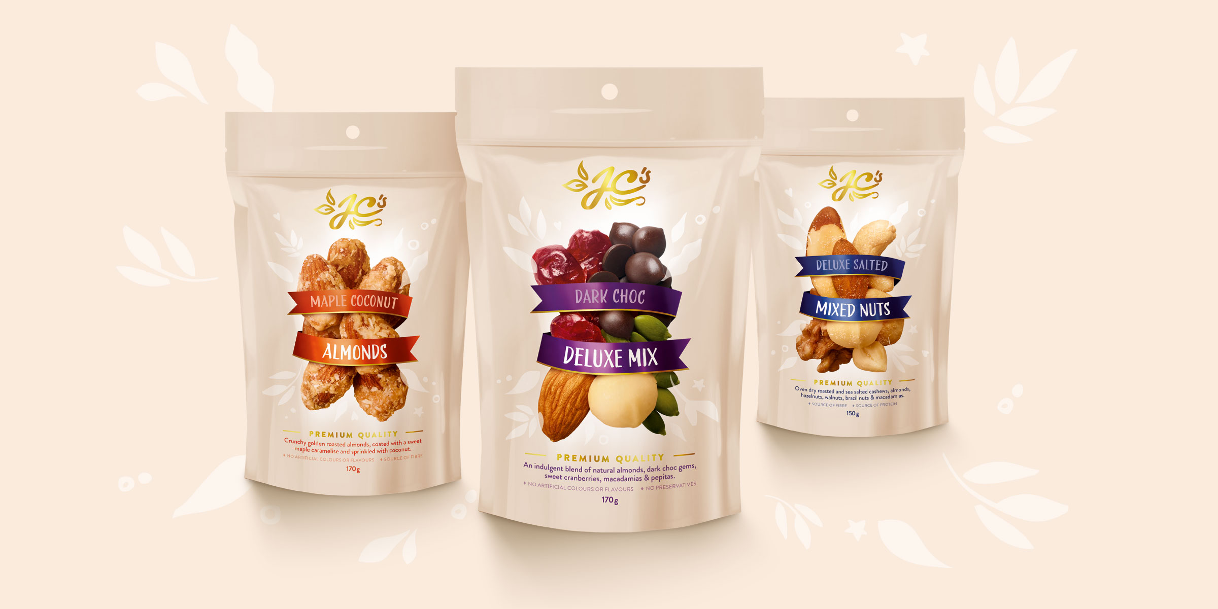 JC's Quality Foods Nuts Brand Identity Packaging Design Digital Website