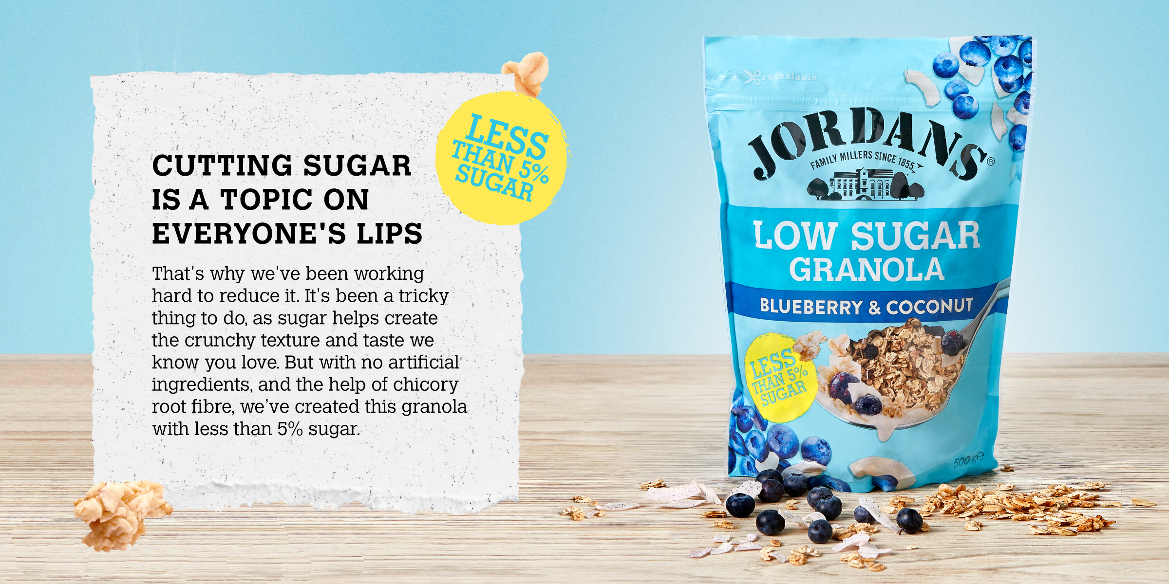 Jordans Low Sugar Granola - Front of pack design and back of pack messaging