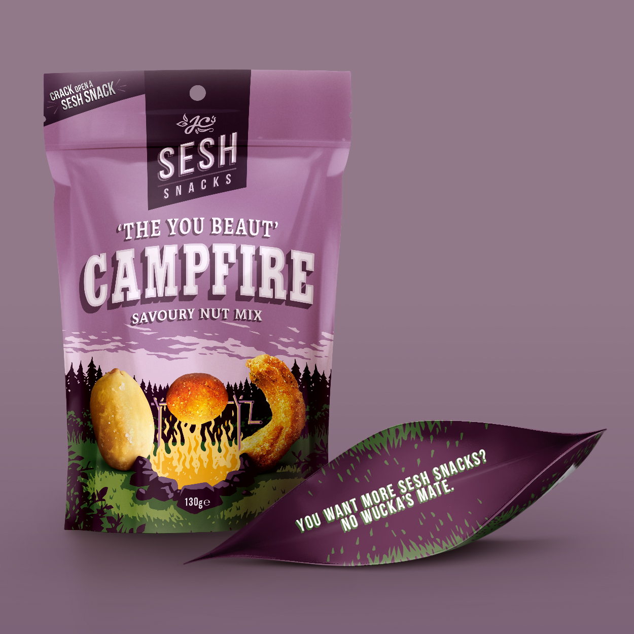JC's Sesh Snacks - Campfire front of pack & gusset design